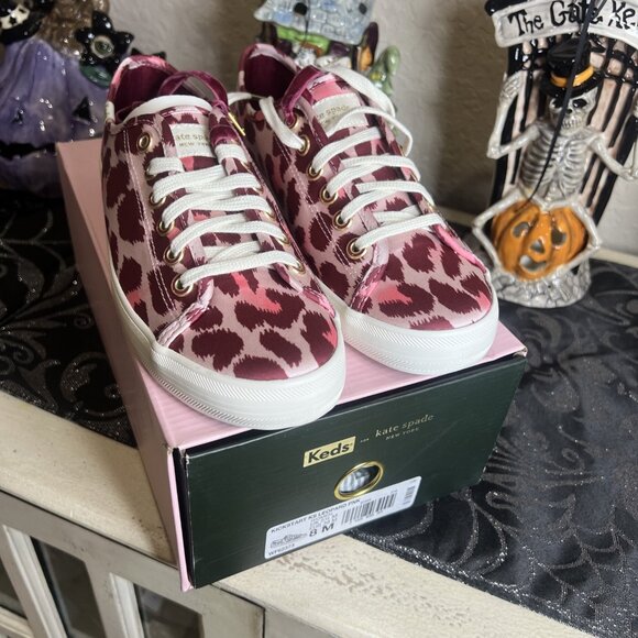 Keds Kate Spade Shoes Women's Size 8M Pink Leopard Satin Lace Up Sneaker Shoe